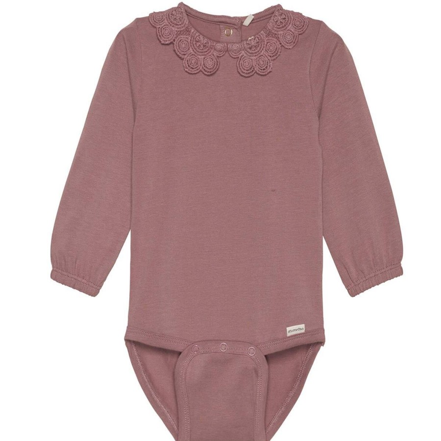 Barneklaer MinyMo | Minymo Body Med Blondekrage, Rose Taupe