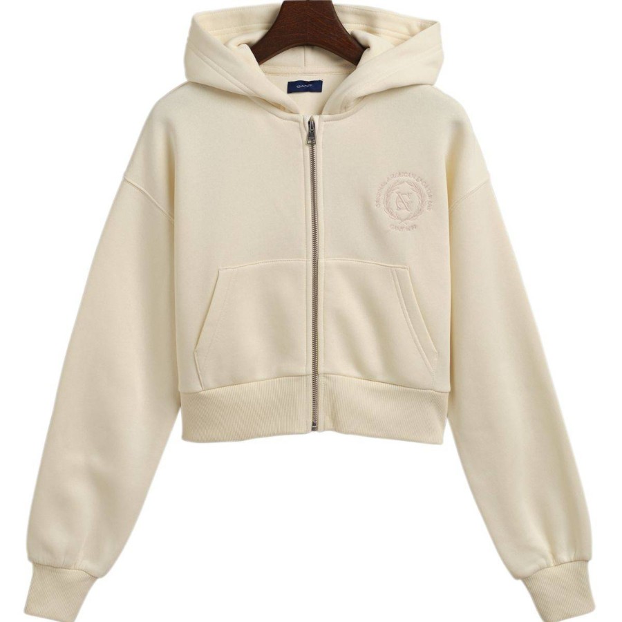 Barneklaer Gant | Gant Crest Cropped Full Zip Hettegenser Til Barn, Cream